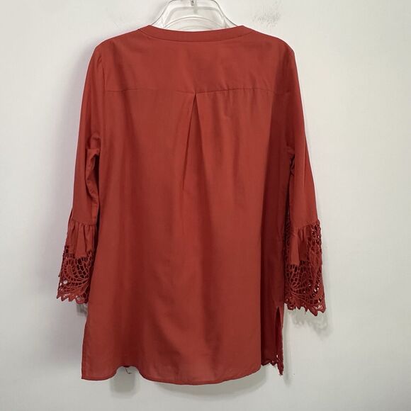 Chicos Crochet Lace Blouse 0 Size 4/6 Rust Button Front Top Bell Sleeve Boho - Picture 10 of 10